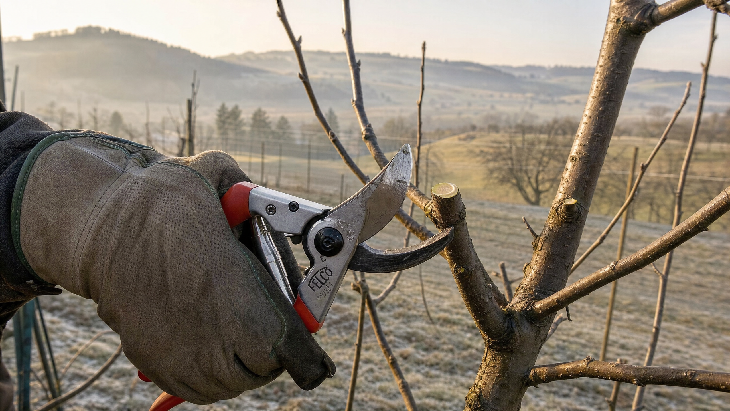 Fachgerechter Obstbaumschnitt an einem Apfelbaum im Winter